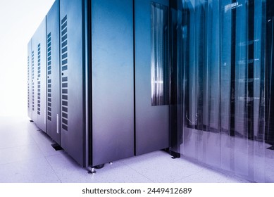 server room with row of data storage cabinets