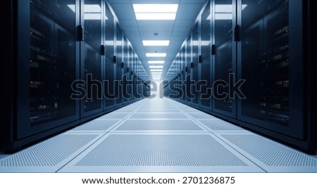A server room with rows of rack servers is a secure facility that houses computer systems and associated components. It ensures data storage and processing.