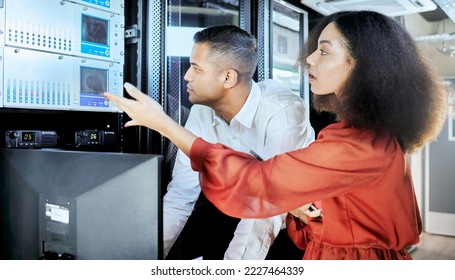 Server room, team and repair of computer hardware for cloud computing, cloud and cyber security. Database, datacenter and software engineers fixing dashboard equipment for information technology