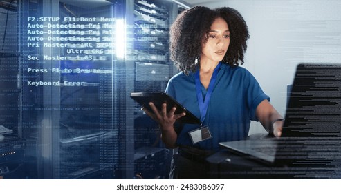 Server room, woman or overlay with laptop for coding, system update or cybersecurity. Software inspection, programer or IT engineer with tablet for problem solving, troubleshooting or data analytics - Powered by Shutterstock