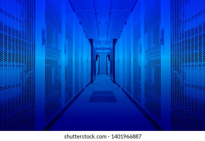 Server room in working modern data center neon blue toning