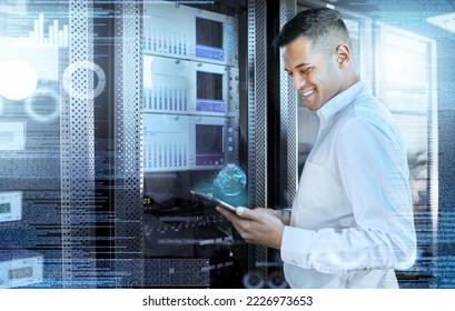 Server, tablet and digital with a man engineer working with hologram technology for programming or it security. Future, computer and innovation with a male research worker busy in a data center