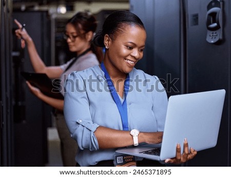 Server, technician and people programming maintenance on laptop with teamwork in IT and engineering. Datacenter, repair and programmer with engineer problem solving to fix technology in collaboration