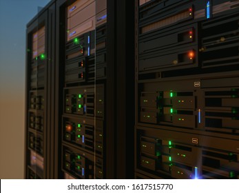 Server units in cloud service data center showing flickering light indicators for massive data connection bandwidth
