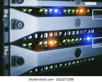 server units in cloud service data center showing flickering light indicators for massive data connection bandwidth