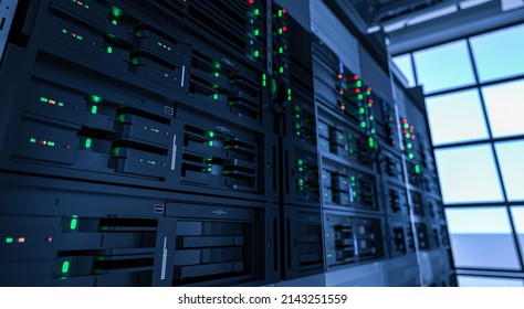 Server units in cloud service data center showing flickering light indicators for massive data connection bandwidth. 3d render