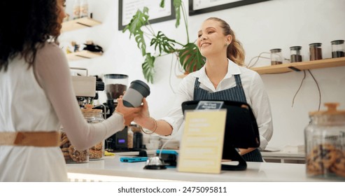 Service, barista or customer with coffee shop or store for drinks or return at checkout counter in a cafe job. Reusable bottle, giving or waitress in small business restaurant with a woman or lady - Powered by Shutterstock