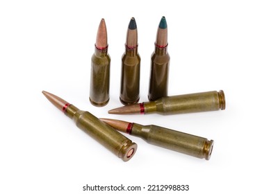 Service Cartridges For Assault Rifle Different Purposes On A White Background Close-up
