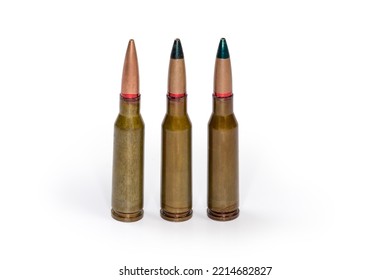 Service Cartridges For Assault Rifle Different Purposes On A White Background Close-up
