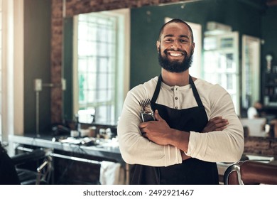 Service, confidence and portrait of man in barbershop with stylist, entrepreneur and small business owner. Smile, about us and happy barber in salon with tools, pride and professional hair care - Powered by Shutterstock