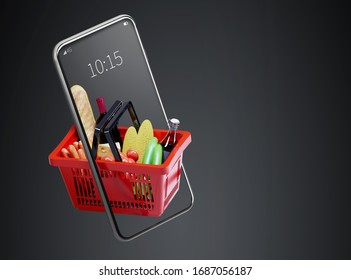 Service for delivery app. Food market in smartphone. Online shop. Food delivery background concept. Online shop in your smartphone. Shopping cart. - Shutterstock ID 1687056187