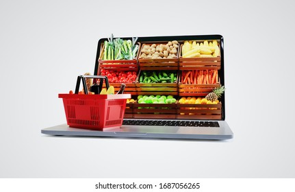 Service For Delivery App. Food Market In Laptop. Online Shop On Web Site. Food Delivery Background Concept. Online Shop In Your Smartphone. Shopping Cart.