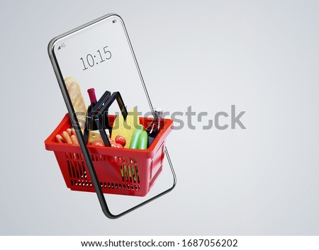 Service for delivery app. Food market in smartphone. Online shop. Food delivery background concept. Online shop in your smartphone. Shopping cart.