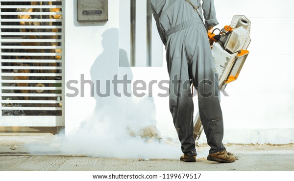 Service Employee pest control man in uniform
trying killing insects and fogging to eliminate mosquito for
preventing spread dengue fever and zika virus.Worker fogging
residential area with
chemical.