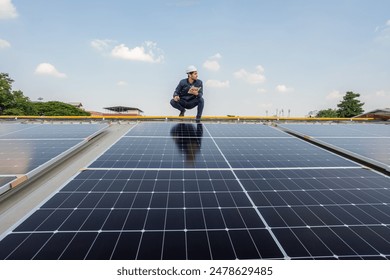 Service Engineer use tablet working inspection installation solar cell on the roof. Technician maintenance solar cells on roof factory. Technology solar energy renewable.
