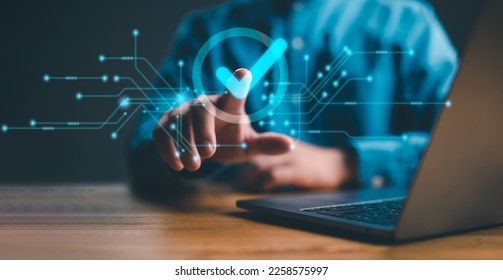 service guarantee, Validation concept for business process automation, quality assurance management, certification, digital transformation. businessman touching checked icon on virtual screen. - Shutterstock ID 2258575997