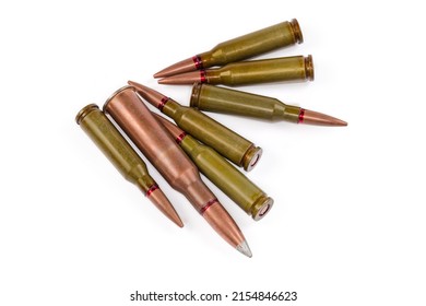 Service Rifle Cartridges Of The Different Caliber On A White Background, Top View Close-up 
