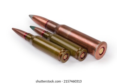 Service Rifle Cartridges Of The Different Caliber On A White Background Close-up 
