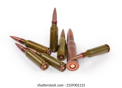 Service Rifle Cartridges Of The Different Caliber On A White Background Close-up 
