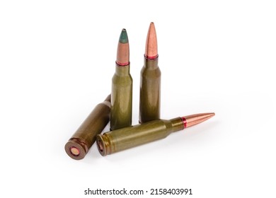 Service Rifle Cartridges Different Purpoces On A White Background Close-up
