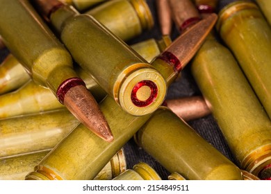 5.45×39mm Service Rifle Cartridges On The Heap, Close-up In Selective Focus
