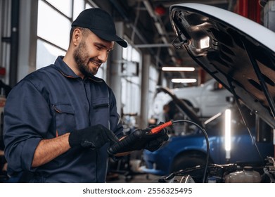 Service station, busy. Mechanic is working.