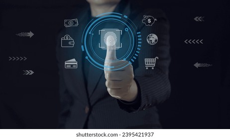 Service users lift their thumbs up and scan their fingers to enter the identity verification system. There is a fingerprint scanning light icon. Security concept for accessing technology systems. - Shutterstock ID 2395421937
