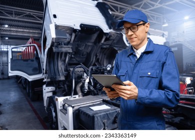Serviceman with digital tablet on the background of the truck in the garage.	