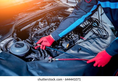 Servicing Car Air Conditioner. Service Station. Car Repair.