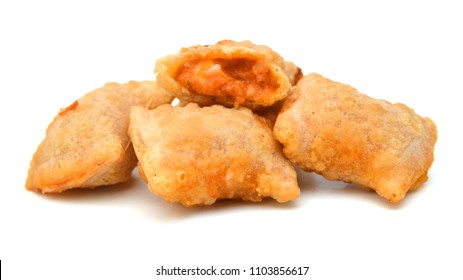 A Serving Of Bite Size Pizza Rolls Isolated On A White Background.