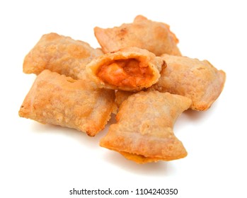 A Serving Of Bite Size Pizza Rolls Isolated On A White Background.