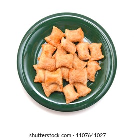 A Serving Of Bite Size Pizza Rolls Isolated In Green Plate On A White Background.