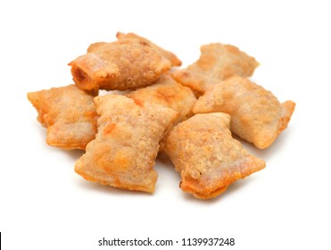 A Serving Of Bite Size Pizza Rolls Isolated On A White Background.