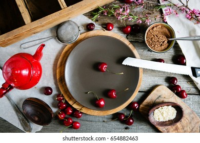 Serving breakfast in a rustic style, top view, flat
