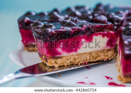 serving cheesecake with black forest fruits, taste of summer