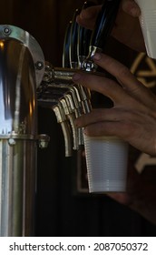 Serving Draft Beer With Craft Beer Keg Dispensing Machine. Beer Thrown In The Beer Garden