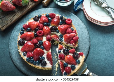 Serving Homemade Summer Berry Tart, Overhead View