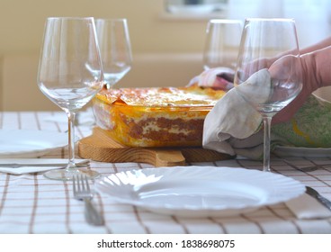 Serving Hot Lasagna From The Oven On The Dinner Table / Family Diner