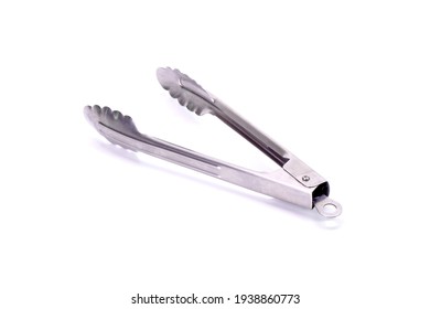 Serving Kitchen Tongs Isolated On White Background. Stainless Steel Food Tongs