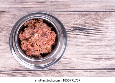 Serving Of Minced Raw Barf Beef Meat For Dog Meal As Healthy Diet