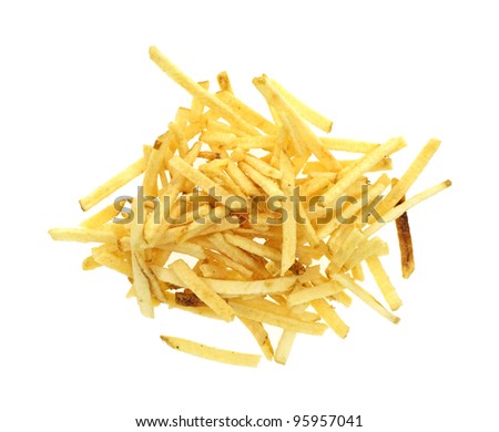 A serving of shoestring potatoes on a white background.
