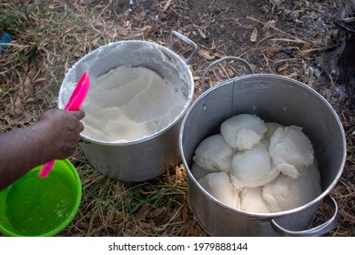 Serving Size Of Corn Or Maize Flour Pap, A Staple Food In Many Countries In Africa In Two Pots