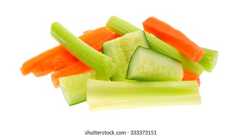 A Serving Of Snack Vegetables With Cucumbers Celery And Carrots Isolated On A White Background.