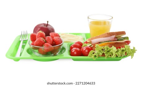 Serving tray of healthy food isolated on white. School lunch - Powered by Shutterstock