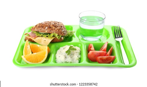 Serving Tray With Healthy Food On White Background. School Lunch