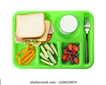 Serving Tray With Healthy Food On White Background, Top View. School Lunch