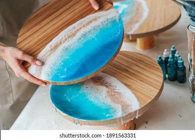 Serving Tray Made Of Epoxy Resin In Female Hands