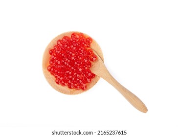 Serving Wooden Mini Plate And Mini Spoon With Red Caviar Isolated On White Background.