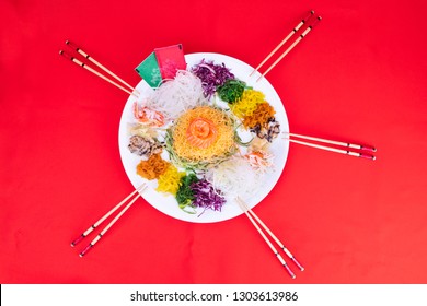 Serving of Yee Sang or Yusheng believed to bring luck. Taken during Chinese New Year by tossing with chopsticks