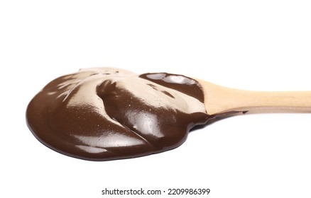 Sesame Butter With Cocoa, Tahini In Wooden Spoon Paste Isolated On White  